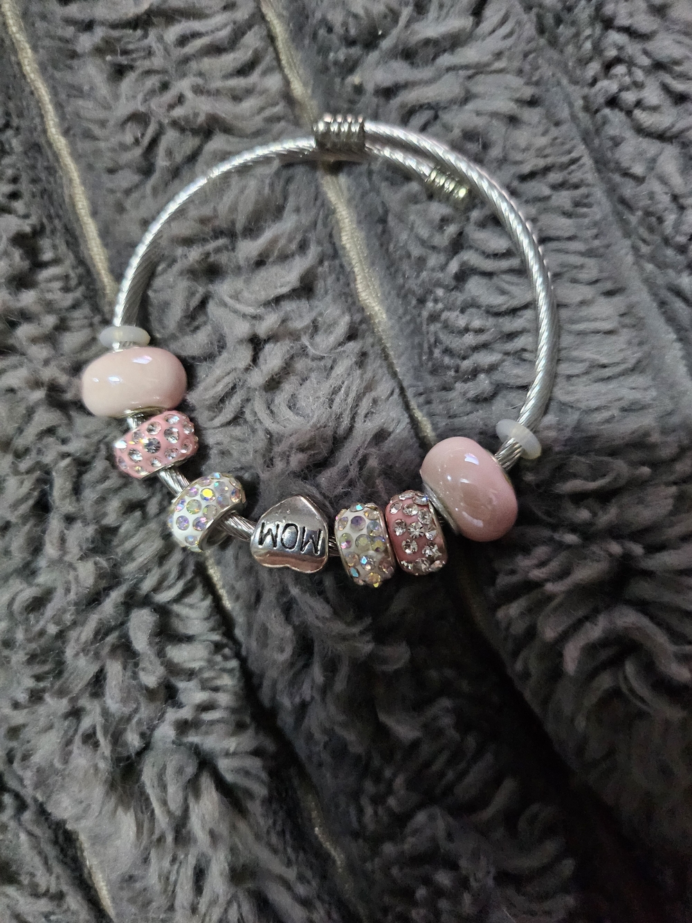 Pandora Like Sterling Silver Charm Bracelet with  Beads and 'MOM' Heart Charm